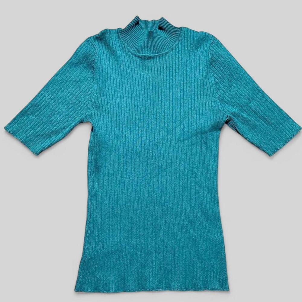 Mock turtleneck ribbed 3/4 sleeve small elevated classic fitted emerald green